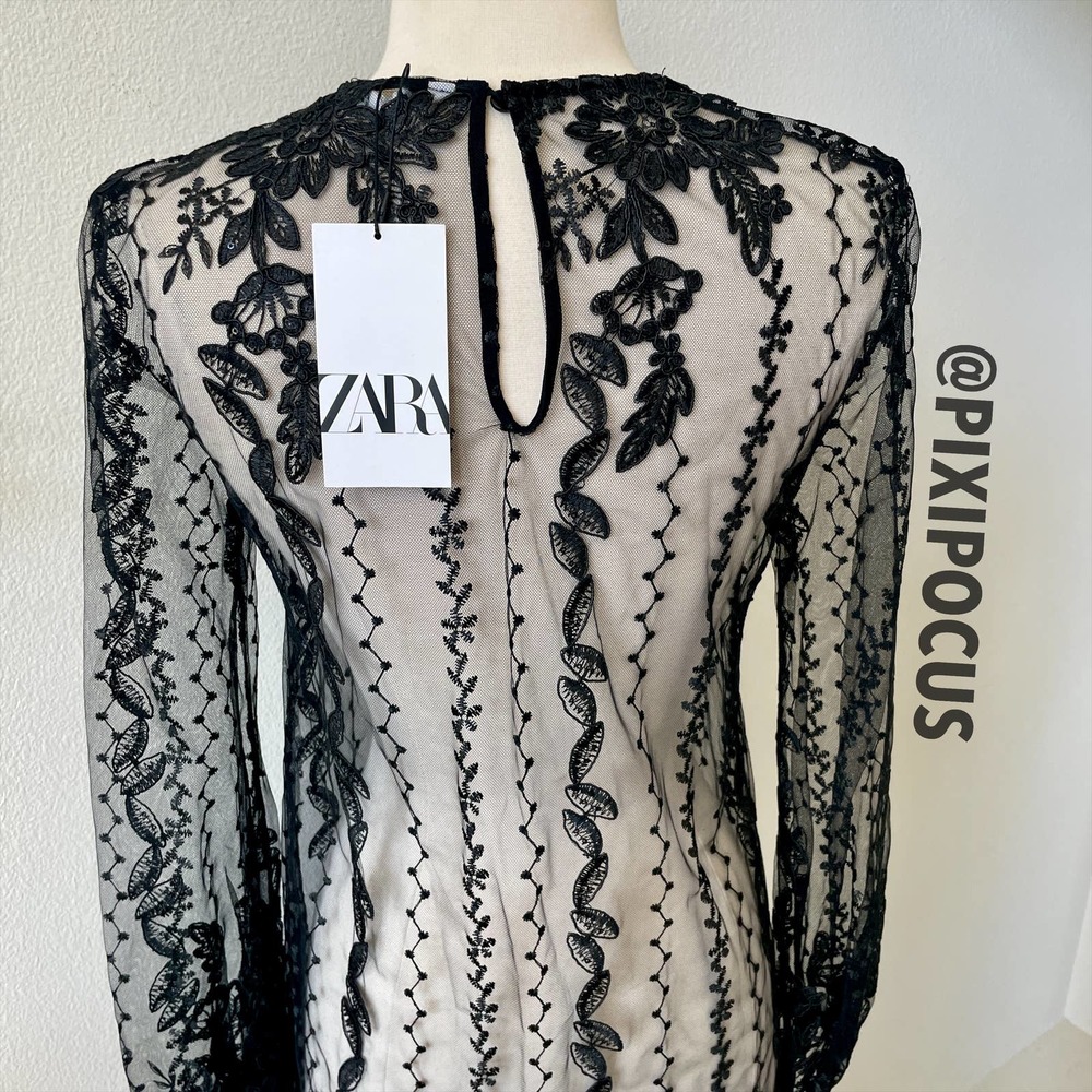 ZARA EMBROIDERED SEMI-SHEER DRESS TULLE BLACK - Picture 11 of 16